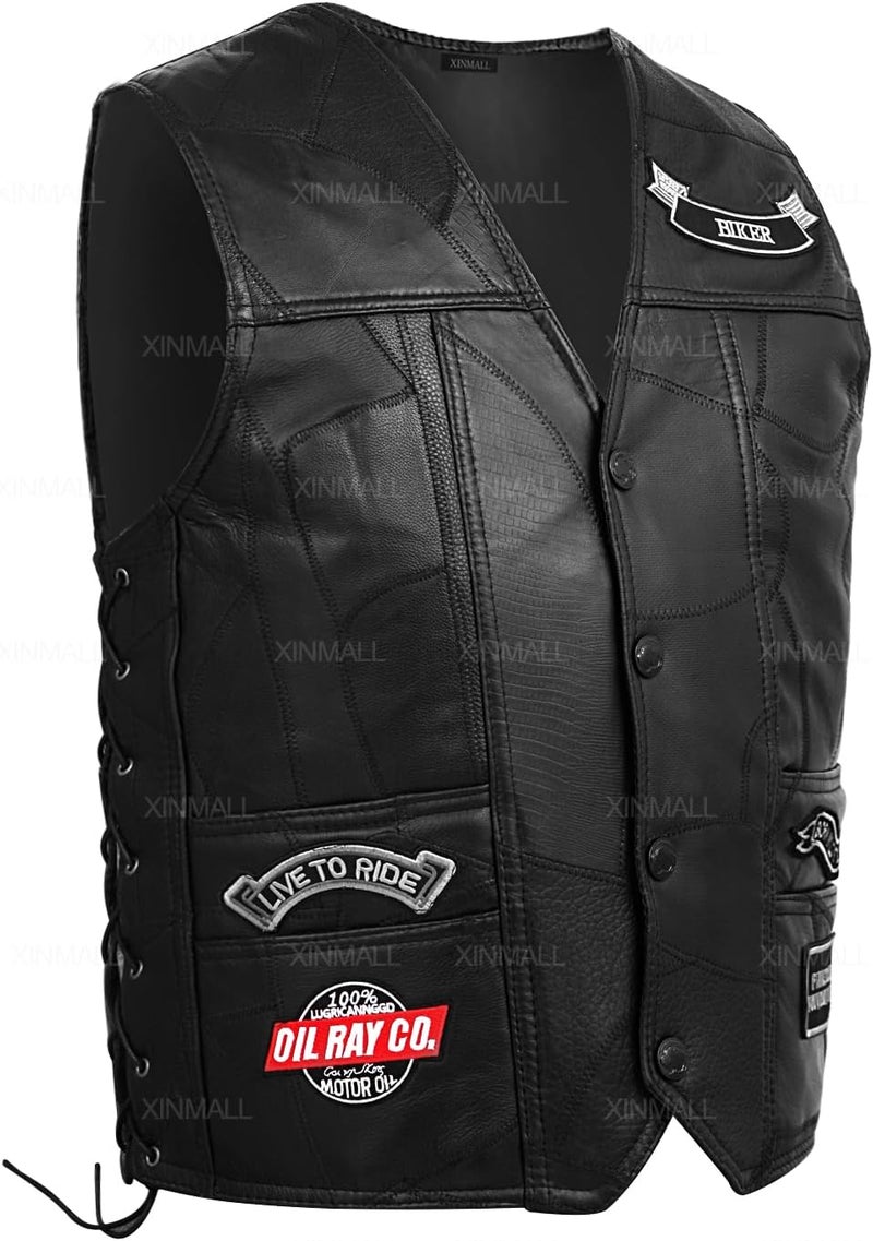 XINMALL Motorcycle Genuine Leather Biker Vest for Men Club Style Classic Black With Patches - Image 2